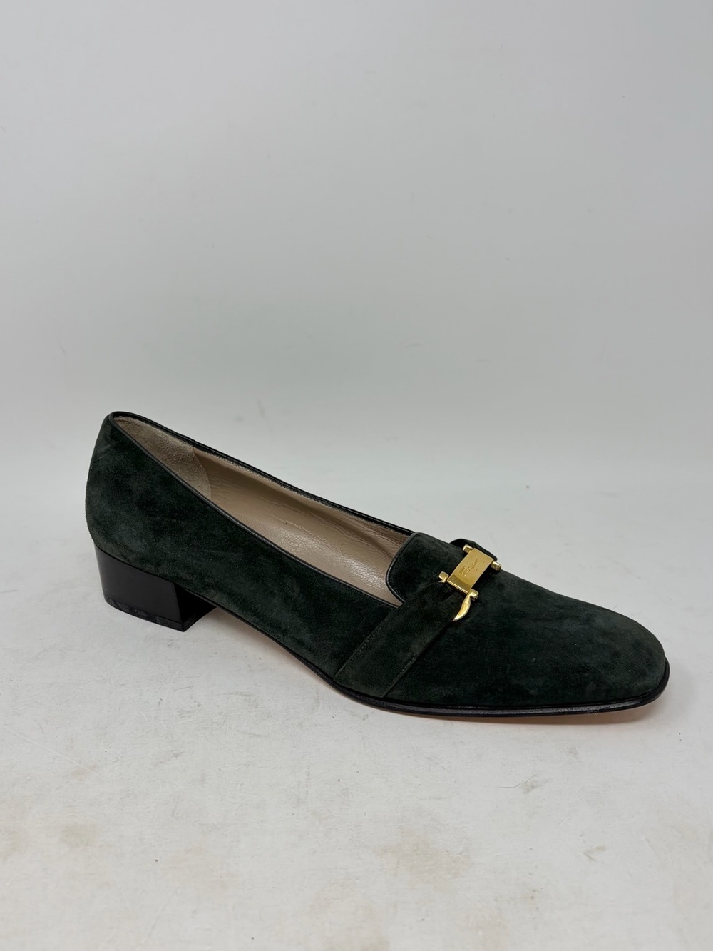 Salvatore Ferragamo Green Gold Detail Suede Low Block Heels Size 36 AAAA